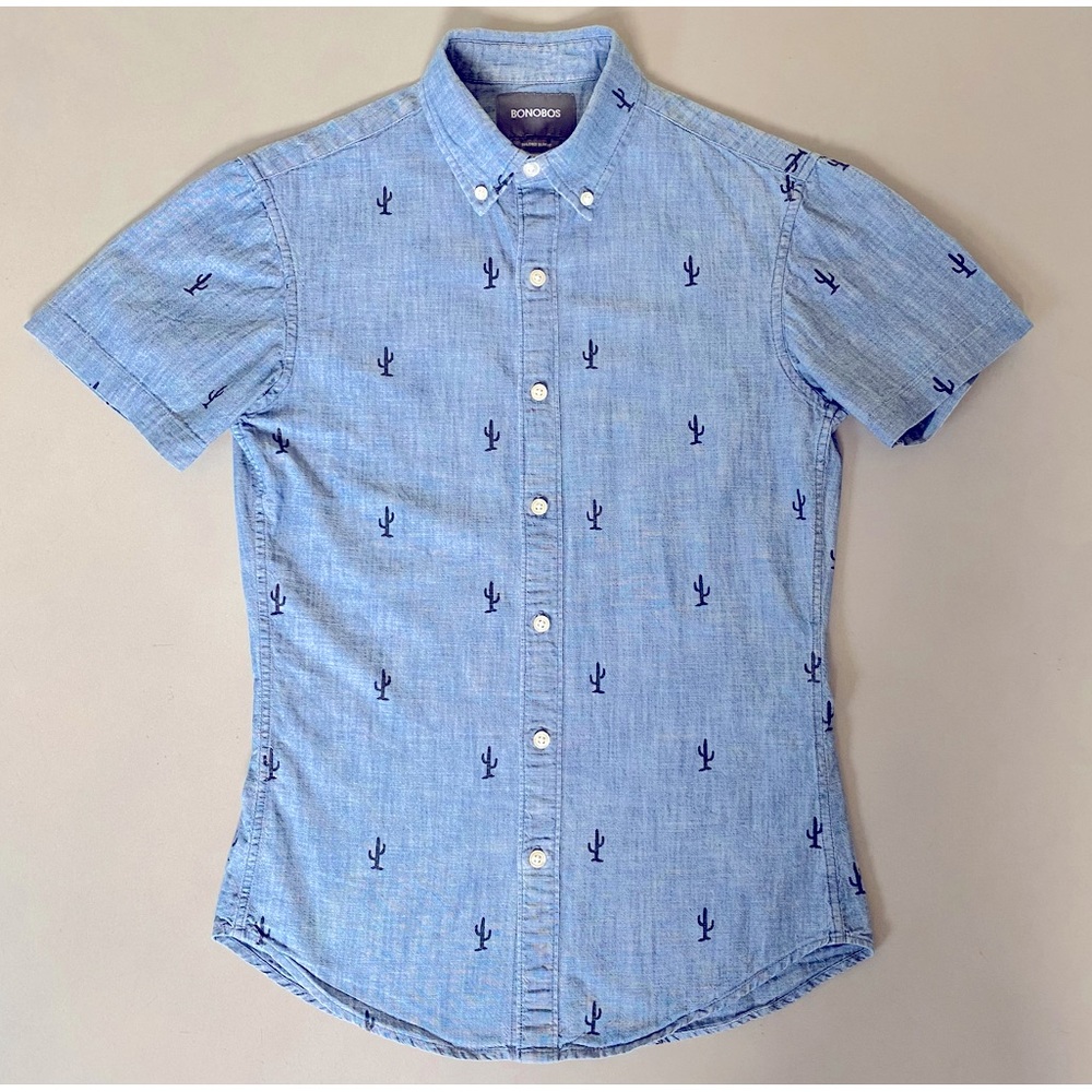 BONOBOS Riviera Short-Sleeve Shirt Size XS Light Blue Cactus Print Slim Fit